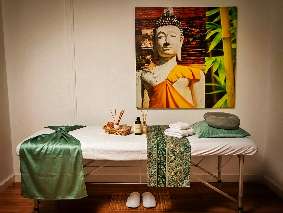 Espaço de massagem acolhedor com maca e iluminação suave